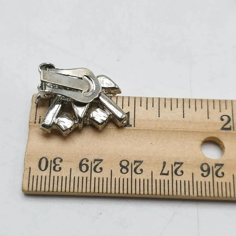Clear Rhinestone Art Deco Style Retro Silver Tone Clip Earrings